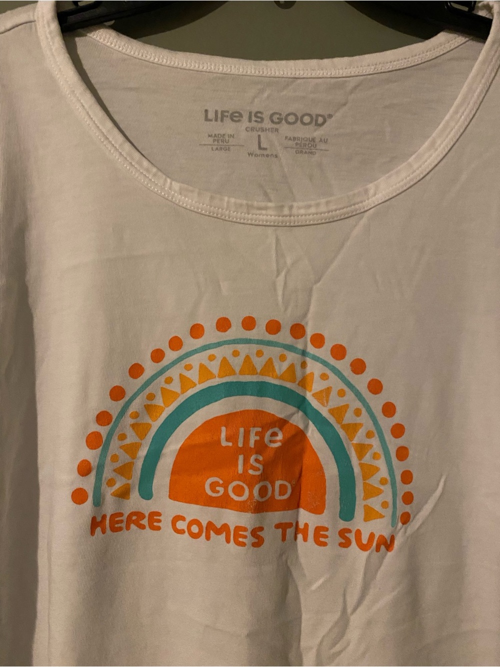 Life Is Good White Tee with Orange and Teal Sun Graphic - Picture 2 of 2